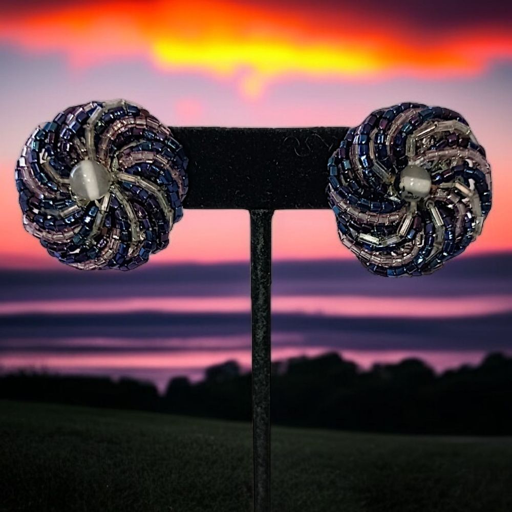 Vintageâ Glass Beaded Cluster EarringsâPeacock Woven Button Mid Century Clip On.